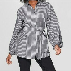 Who What Wear Belted Striped Blouse